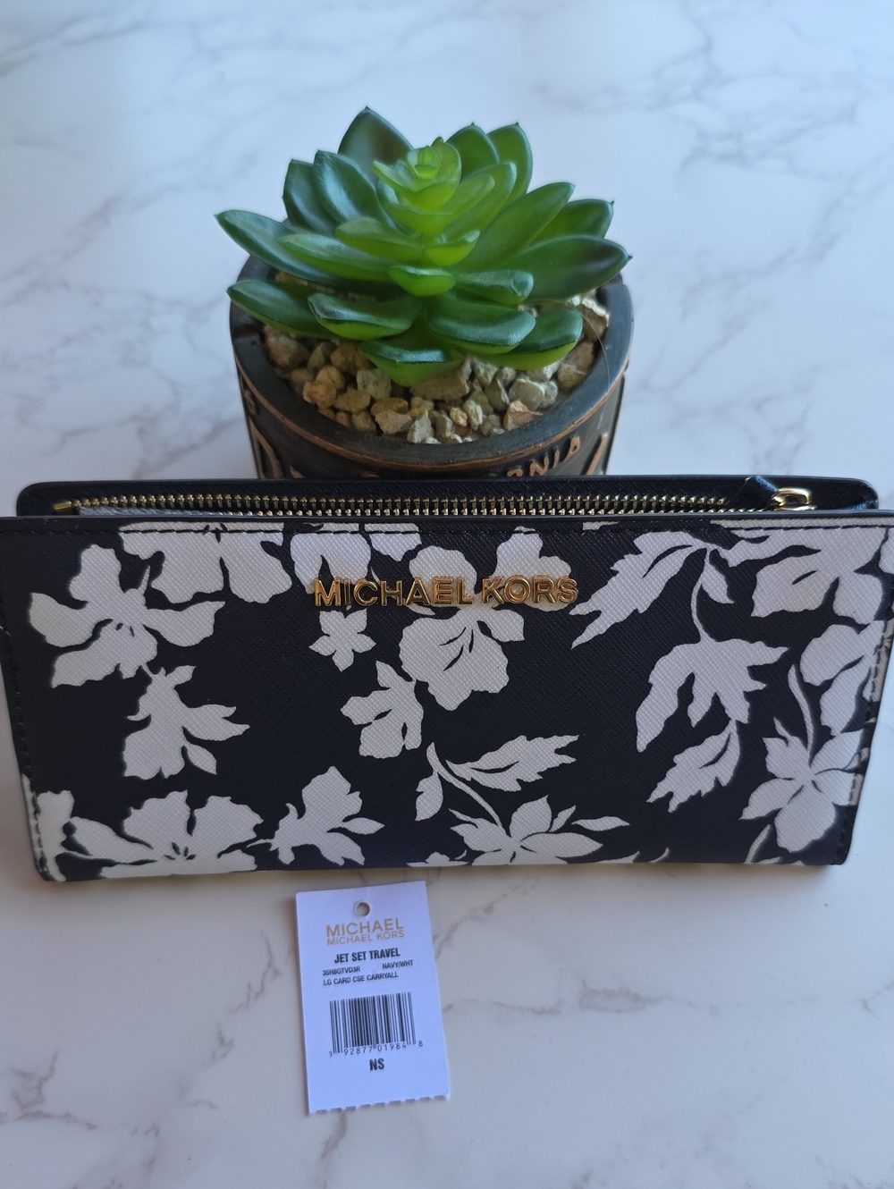 Michael Kors Jet Set Navy Blue & White Floral Continental Wallet with Gold Logo